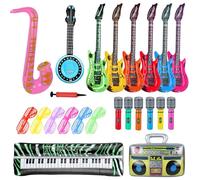 23PCS Inflatable Party Props, Inflatable Instruments Set, Blow Up Guitar, Pipa Saxophone Microphone Radio Keyboard Glasses for 80s 90s Themed Disco Party Photo Booth Decorations