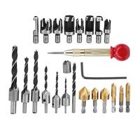 23pcs Woodworking Drilling Bit Set, Wood Chamfer Countersink Drill Tools, 5 Flute 90 Degree HSS Countersink Bits with Plug Cutters and Center Punch for Woodworking Hole Making and