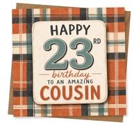 23rd Birthday Card, Bold Plaid, Amazing Cousin Message | Bright plaid styling with standout “23rd” and cheerful wording for an amazing cousin on their 23rd birthday.