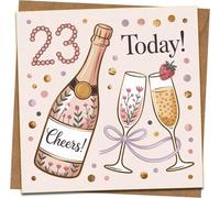 23rd Birthday Card for Her, Champagne & Cheers Design, 145mm x 145mm Square Greeting Card with Kraft Envelope, Daughter Friend Sister, Cute Confetti, Pink Floral, Celebrate 23 Today