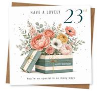 23rd Birthday Card for Her, Floral Gift Box and Roses | Pretty 23rd card: striped gift box bursting with roses, ‘Have a lovely 23rd’