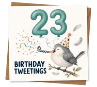 23rd Birthday Card for Her, Party Bird, 23 Balloons, Confetti | A fun 23rd for her-party-hat bird on a branch, balloon number 23, confetti and the cheeky “Birthday Tweetings”.