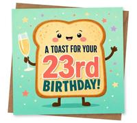 23rd Birthday Card for Her, Toast Character & Bubbly | Celebrate her 23rd with a smiling toast raising a bubbly glass, set on a teal backdrop with scattered stars and dots.