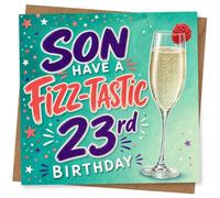 23rd Birthday Card for Son, Fizz-Tastic Champagne Glass | Playful 23rd for your Son: bold ‘Fizz-Tastic’ wording, colourful confetti and a bubbly champagne flute illustration.