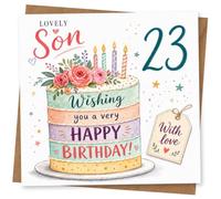 23rd Birthday Card for Son, Tiered Cake & Happy Birthday | Lovely 23rd Son card featuring a colourful cake, candles and flowers with the words ‘Wishing you a very happy birthday!’