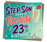23rd Birthday Card for Step Son, Fizz-Tastic Champagne | Bold “STEP SON have a Fizz-Tastic 23rd Birthday” lettering with a bubbly champagne flute topped with a raspberry on teal