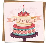 23rd Birthday Card - Strawberry Cake Design, Square 145mm x 145mm - Blank Inside - Includes Kraft Envelope - For Him Her Friend Daughter Son - Premium Greeting Card