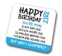 23rd Birthday Coaster - Celebrate 23 Years in Seconds, Minutes, Hours, and Days. Novelty Drink Coasters for Tea and Coffee for Christmas and Birthdays (Modern) (Blue, 23 Years Old)