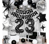 23rd Birthday Decorations for Men Women, Black Silver Happy Birthday Party Decorations， 23 Year Old Party Supplies with Number 23 Balloons, Banner, Fringe Curtains Kit