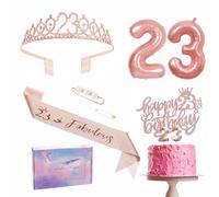 23rd Birthday Decorations Set - Rose Gold 23rd Birthday Sash and Tiara Party Crown, Cake Topper and Candles, Number 23 Foil Balloons, Party Supplies, 23rd Year Old Gifts for Girls Her Women