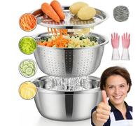 24/26/28/30cm Germany Multifunctional Stainless Steel Basin, 3 in 1 Stainless Steel shredding & Drainage Chopping Basin with Vegetable Strainer & Drain Basket, for Vegetables Fruits(24cm)