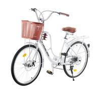 24/26 inch 7 Speed Gears Hybrid Transmission City Bikes, Vintage Ladies Bike with Basket City Classic Bicycle Adjustable Seat (24 Inches)