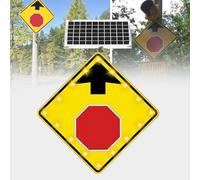 24/30 Inch Solar LED Flashing Stop Ahead Warning Sign, IP65 Waterproof Aluminum Reflective W3-1 Road Traffic Sign, Rust-Proof Heavy Duty Outdoor Street Safety Sign(30in)