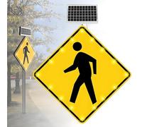 24''/32'' Pedestrian Crossing Sign, Solar Powered LED Blinking Reflective Street Traffic Warning Sign, Heavy Duty quadrilateral Rust-proof Metal Frame 16Light-24''x24''