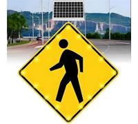 24"/32" Solar LED Pedestrian Crossing Sign Flashing Aluminum Traffic Warning Sign IP65 Weatherproof for Outdoor Community(16light,32''x32'')