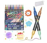 24/48/72/96 Colors Glitter Effect Brush Markers, Glitter Effect Brush Markers, Dual Tip Metallic Shimmer Pens Set, Smooth No Clog | No Bleed Through for Cards, DIY Crafts, Doodles, Writing (24Colors)
