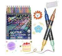 24/48/72/96 Colors Glitter Effect Brush Markers, Glitter Effect Brush Markers, Dual Tip Metallic Shimmer Pens Set, Smooth No Clog | No Bleed Through for Cards, DIY Crafts, Doodles, Writing (48Colors)