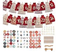 24 Advent Calendar Drawstring Bags with Wooden Tags and Clips, Stickers Plus 10M Hemp Rope for Seasonal Countdown and Home Decoration