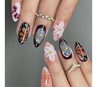 24 Artificial Nails Set Holographics Floral Patterns with Diamonds Like Rhinestones for Special Occasions Rhinestone Glitter Fake Trendy Fake Wine Red Stick on Party Wedding False