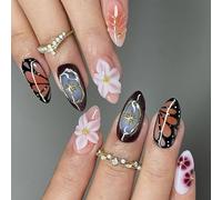 24 Artificial Nails Set Holographics Floral Patterns with Diamonds Like Rhinestones for Special Occasions Rhinestones Glitters Fake Nail