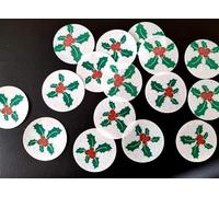 24 Beautiful Pre-cut Round Edible Holly Leaves and Berries; 1.8" or 5cm each; Wafer Paper Christmas Cupcake Topper/Decorations