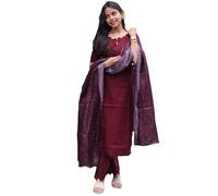 24 Carat Suit Women's Roman Silk Kurti-Pants Set, Straight Cut, 3/4 Sleeve, Round Neck, Regular Fit, Ankle-Length with Dupatta Set, maroon, S