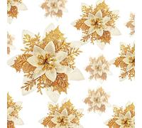 24 Christmas Glitter Artificial Poinsettia Flowers Xmas Poinsettia Artificial Wedding Flowers Decorations Xmas Tree Ornaments with Clips for Party Favors, 6 Inch, 4 Inch, 3 Inch (Gold)