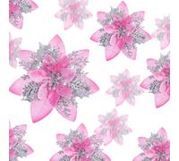 24 Christmas Glitter Artificial Poinsettia Flowers Xmas Poinsettia Artificial Wedding Flowers Decorations Xmas Tree Ornaments with Clips for Party Favors, 6 Inch, 4 Inch, 3 Inch (Pink and Silver)