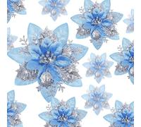 24 Christmas Glitter Artificial Poinsettia Flowers Xmas Poinsettia Artificial Wedding Flowers Decorations Xmas Tree Ornaments with Clips for Party Favors, 6 Inch, 4 Inch, 3 Inch (Silver and Blue)