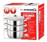 24 CM Prima Steamer Set | 4 Pcs Stainless Steel | Glass Lid | 3 Tier Pot | CAPSULATED Bottom | Home Cook | Chef | Healthy | Vegetable | Chicken | Meat | Fish | Salmon | UK Free P&P
