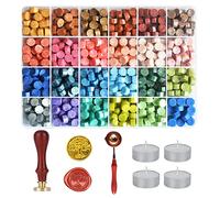 24 Colors Wax Seal Kit,600 Pcs Sealing Beads,Seal Stamp Kit with Spoon,Stamps Removable Wooden Handle,and 4Pcs Tea Candles,Sealing Wax for Beginner,Seal Stamp for Wedding Invitations Letter