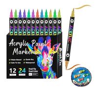 24 Colours Acrylic Markers Paint,Water Colour Pens, Stocking Fillers Kids 12 PCS Dual Tip Acrylic Marker Pens, Fast Drying Water-Based Acrylic Paint Pens for Rock, Glass, Wood, Fabric & Ceramic