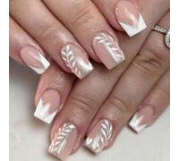 24 Count False Nails French Manicure Styles Glitters Accent Square Press On Artificial Nails Matte & Shinys Combo French White Glitters Nail