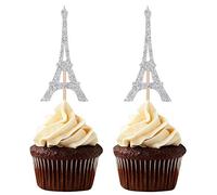 24 Counts Paris Theme Cupcake Toppers Eiffel Tower Shape Party Picks Wedding Bridal Shower Decorations - Silver