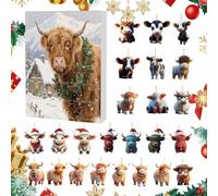 24 Days Highland Cow Christmas Advent Calendar, 24-Day Christmas Cow Jewellery Countdown Calendar - 2D Acrylic Animal Pendant for Children and Adults as Party Gift Tree Decoration Car Rear View Mirror