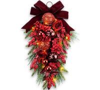 24" Decorative Teardrop Swag, Artificial Christmas Swag with Red Hydrangea & Baubles, Purple Bowknot, Red Berries, Sparkling Leaves, Pine Needles