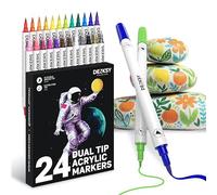 24 Dual Tip Acrylic Paint Markers Set | Coloured Markers with Brush & Extra Fine Tips | Water-Based Art Markers | Acrylic Paint Pens for Rock Painting, Glass, Wood, Ceramic DIY Crafts & Art Supplies
