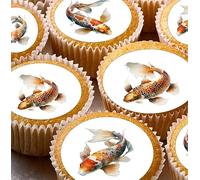 24 edible cute KOI Fish childrens party decorations Iced/Icing Cupcake Topper Edible Fairy Cake Bun Toppers Round