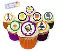 24 Edible Pre-Cut Wafer Round Cake Toppers: Halloween Monsters