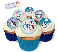 24 Edible Pre-Cut Wafer Round Cake Toppers: Penguins