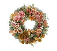 24" Fall Wreath for Front Door, Handmade with Faux Dahlia Camellia Sunflower Eucalyptus Maple Leaf Small Pomegranate, Fall Decor for Home Farmhouse Door Wall Window