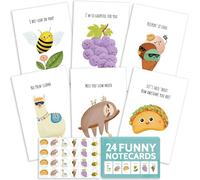 24 Funny Note Cards Set,Punny Puns Thinking of You Notecards Pack for Friends, Kids, Students,Say Hello, Thank You or I Miss You with Hilarious Animals and Food Cartoon Greeting Cards and Envelopes