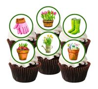 24 Gardening, Gardener Theme Edible Premium Thickness SWEETENED Vanilla,Wafer Rice Paper Cupcake Toppers/Decorations