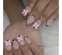 24 Glossy False Nails Set French Styles Leopards Pattern Rhinestones Bows Artificial Nails for Special ABS False