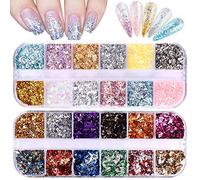 24 Grid Holographic Nail Art Foil Flakes, EBANKU Nail Foil Flakes Glitter Nail Sequins Confetti Gold Silver Irregular Glitter Mirror Effect Acrylic Nail Powders Nail Foil Paillette for Nail Decoration
