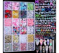 24 Grid Nail Charms, Atimory Nail Art Decoration Kit with Multi Shapes Nail Charms and Gems, Flatback AB Nail Rhinestones Nail Pearls, 3D Hawaii Flowers Nail Jewels Set with Tools for DIY Nail Art