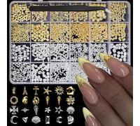 24 Grids 1 Box Gold Silver Nail Charms 3D Alloy Flower Nail Gems Ocean Beach Starfish Seashell Nail Jewels Multi-Shapes Metal Sun Moon Star Nail Art Supplies with Tweezer for Women DIY Acrylic Nail