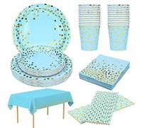 24 Guest Blue & Gold Party Supplies - Disposable Plates, Napkins, Cups, Straws & Table Cloth for Baby Showers, Boy Birthdays, Bridal Showers & Anniversaries - Gold Dot Blue Paper Plates