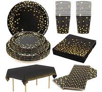 24 Guests Black and Gold Party Supplies Disposable Party Plates Tableware Cups Napkins Straws Table Cloth for 18th 50th 70th Birthday Party 1920s Cocktail Halloween Plates Gold Dot Black Paper Plates