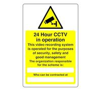 24 hour in operation sign : this video recording system is operated for puprposes of security - High tack self-adhesive sticker (300mm x 200mm) Viewing Distance within 7m.